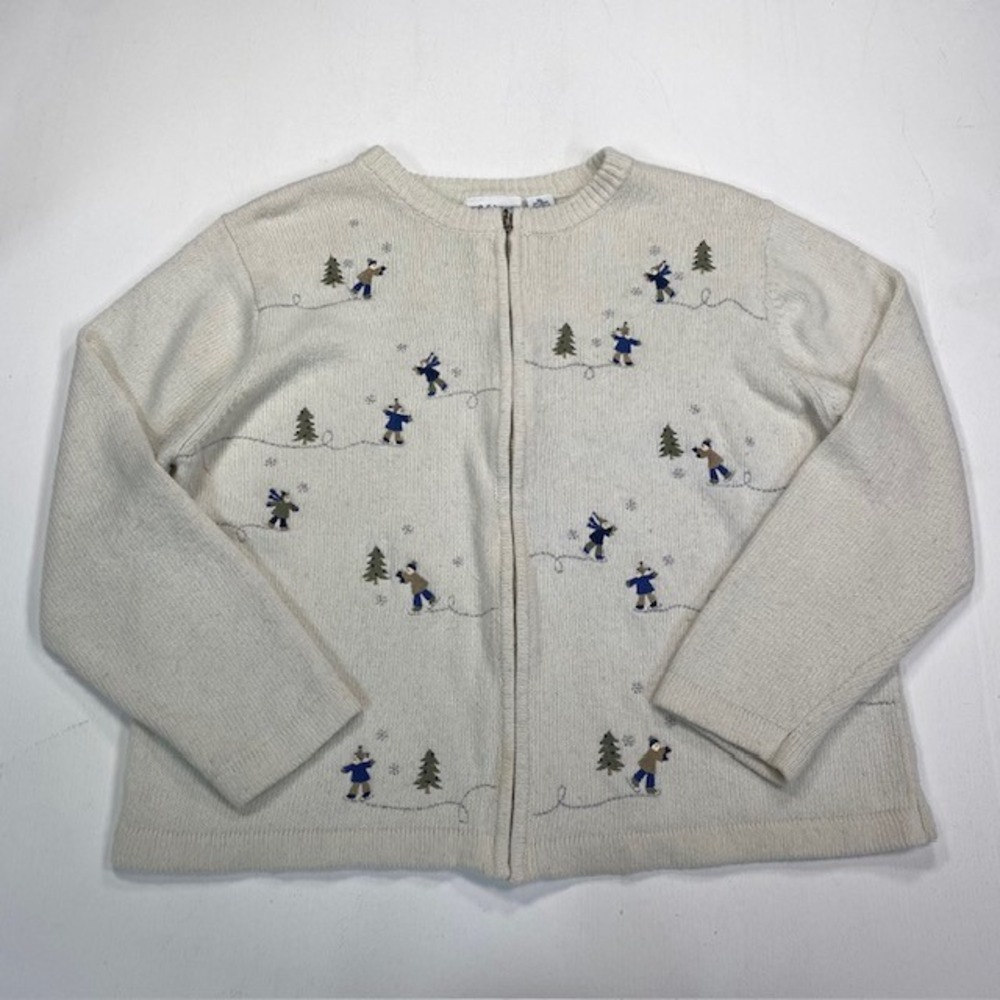 Croft & Barrow Cream Winter Ice Skater Embroidered Zip Cardigan Sweater XL